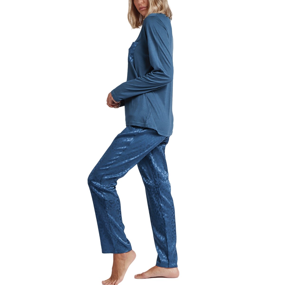 Pyjama pantalon top manches longues Satin Leopard bleu, ADMAS
