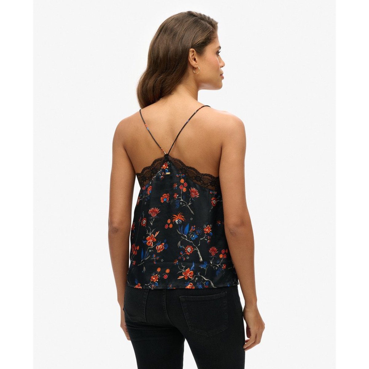 Caraco en satin avec liseré en dentelle imprimé rinko noir, SUPERDRY