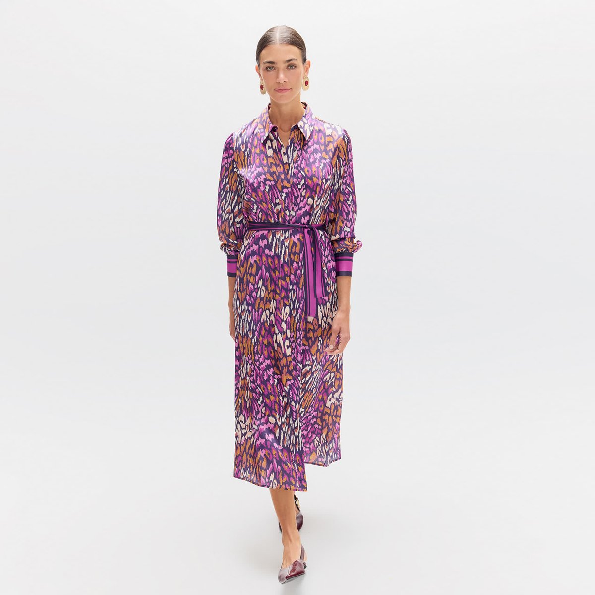 Robe chemise longue à imprimé animal à ceinture parme, LOLA CASADEMUNT