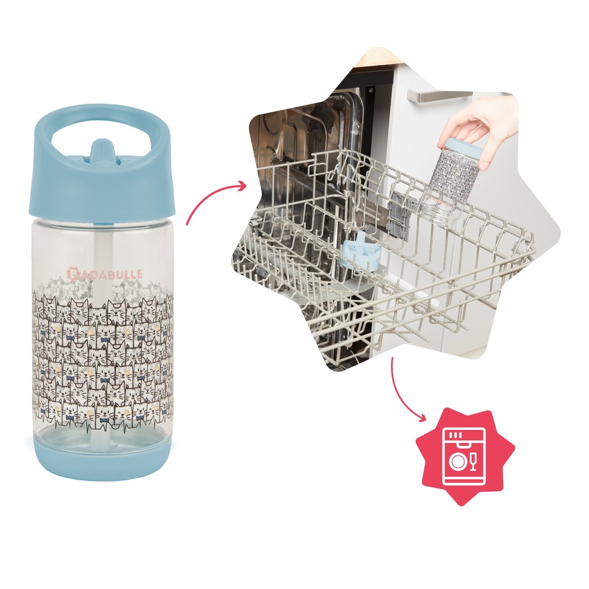 Gourde enfant à paille anti-fuite transparent, BADABULLE