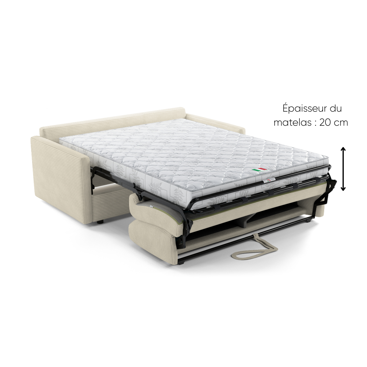 Canapé lit 3 places en velours côtelé Matelas 20cm - GIULIA beige, CALICOSY