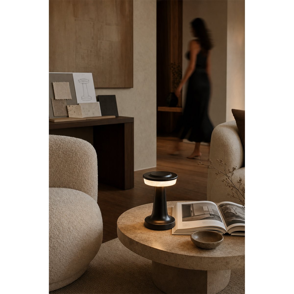 Lampe de table portable en albâtre bronze vieilli et naturel, RECOLLECTION