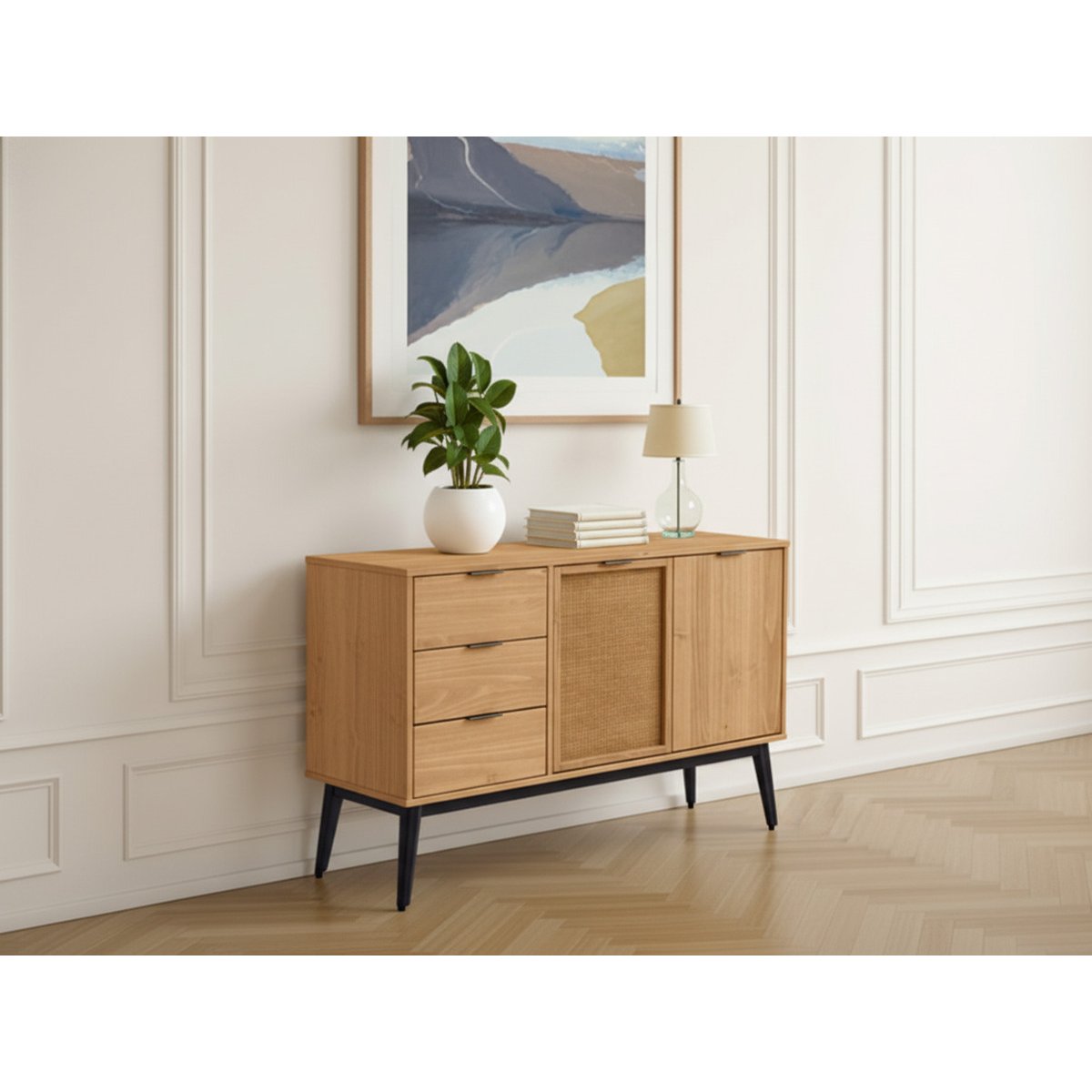 Buffet bas en bois massif 2 portes 3 tiroirs 130 cm, ALBI marron clair, BOBOCHIC