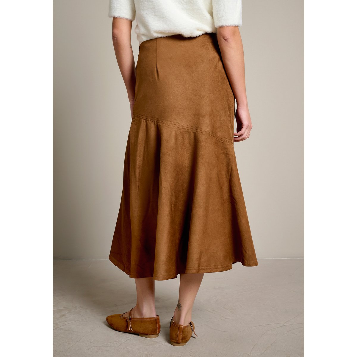 Jupe midi effet suédine camel brun, LOLALIZA
