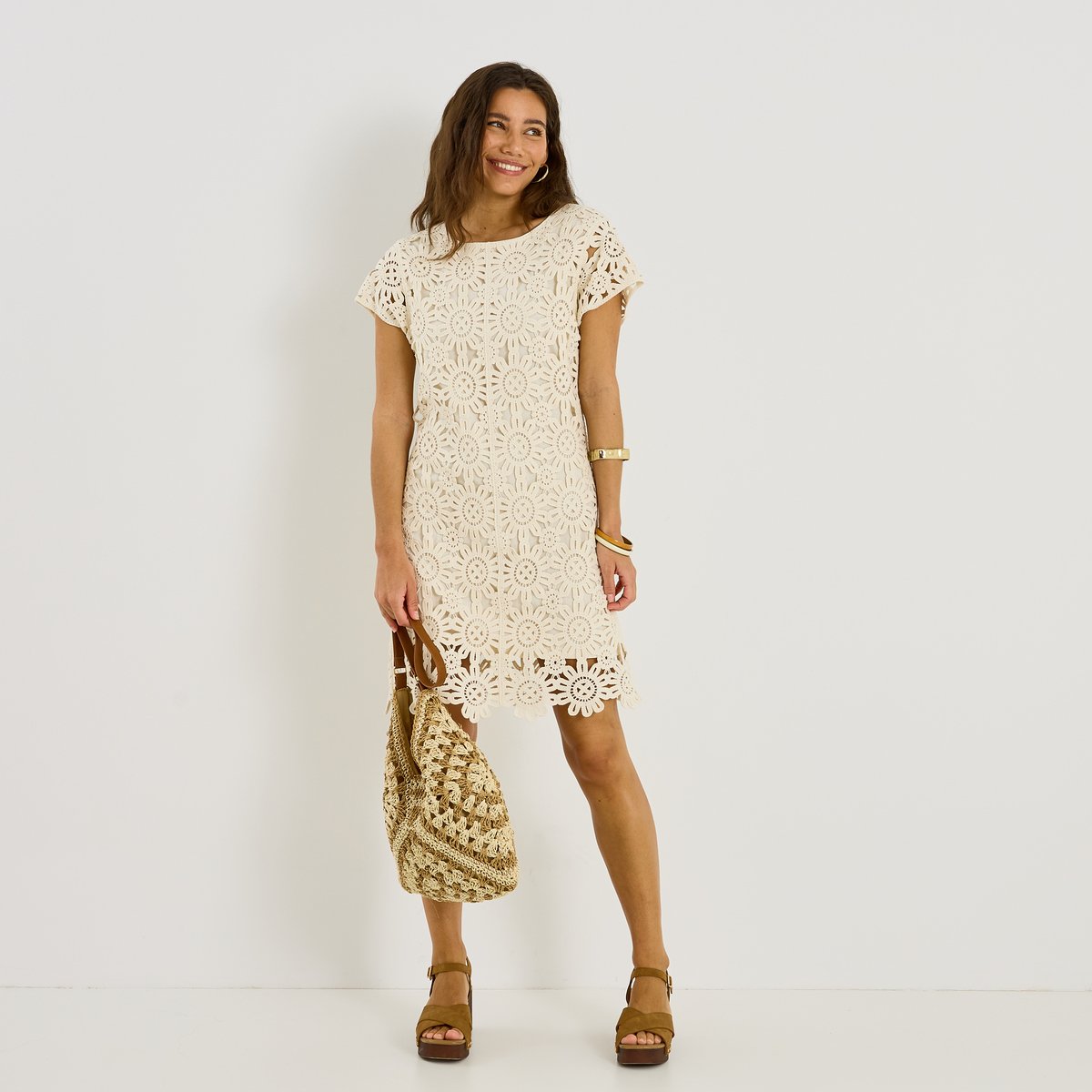 Robe droite courte en crochet blanc cassé ecru, GRAIN DE MALICE