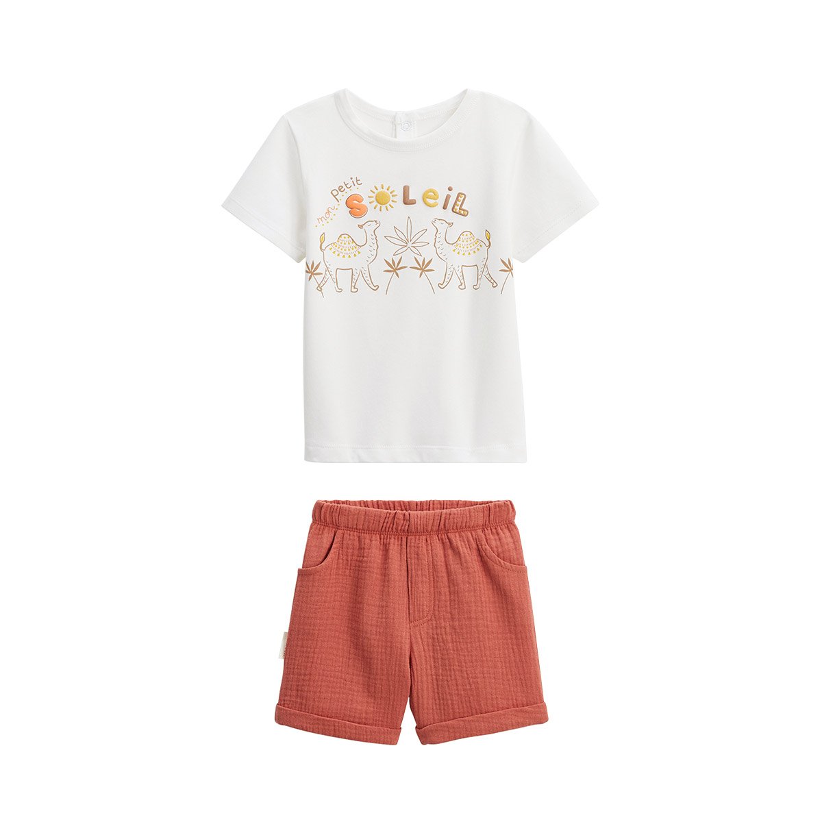 Ensemble enfant t-shirt et short en gaze de coton Liwa ecru, PETIT BEGUIN