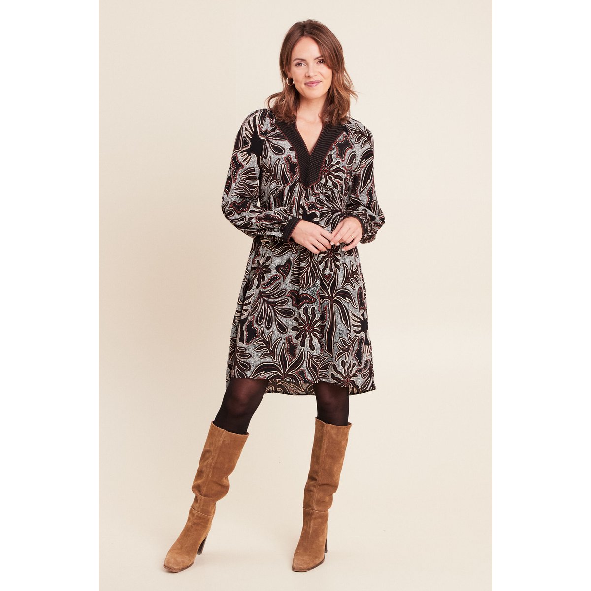 Robe fluide col v manches longues noir, BREAL