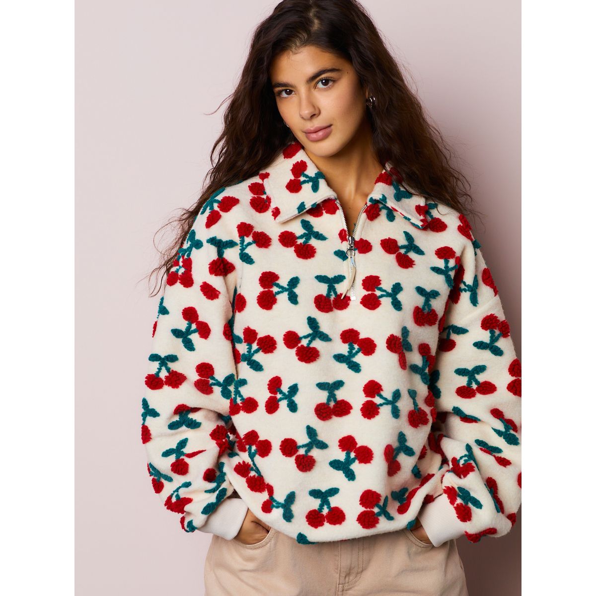 Polaire en peau lainée à col zippé et cerise rouge écru blanc, NEXT