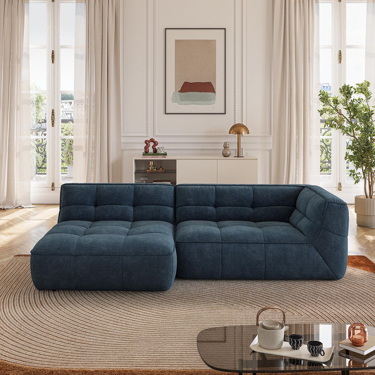 Canapé d'angle gauche en tissu ORIETO bleu, HABITAT