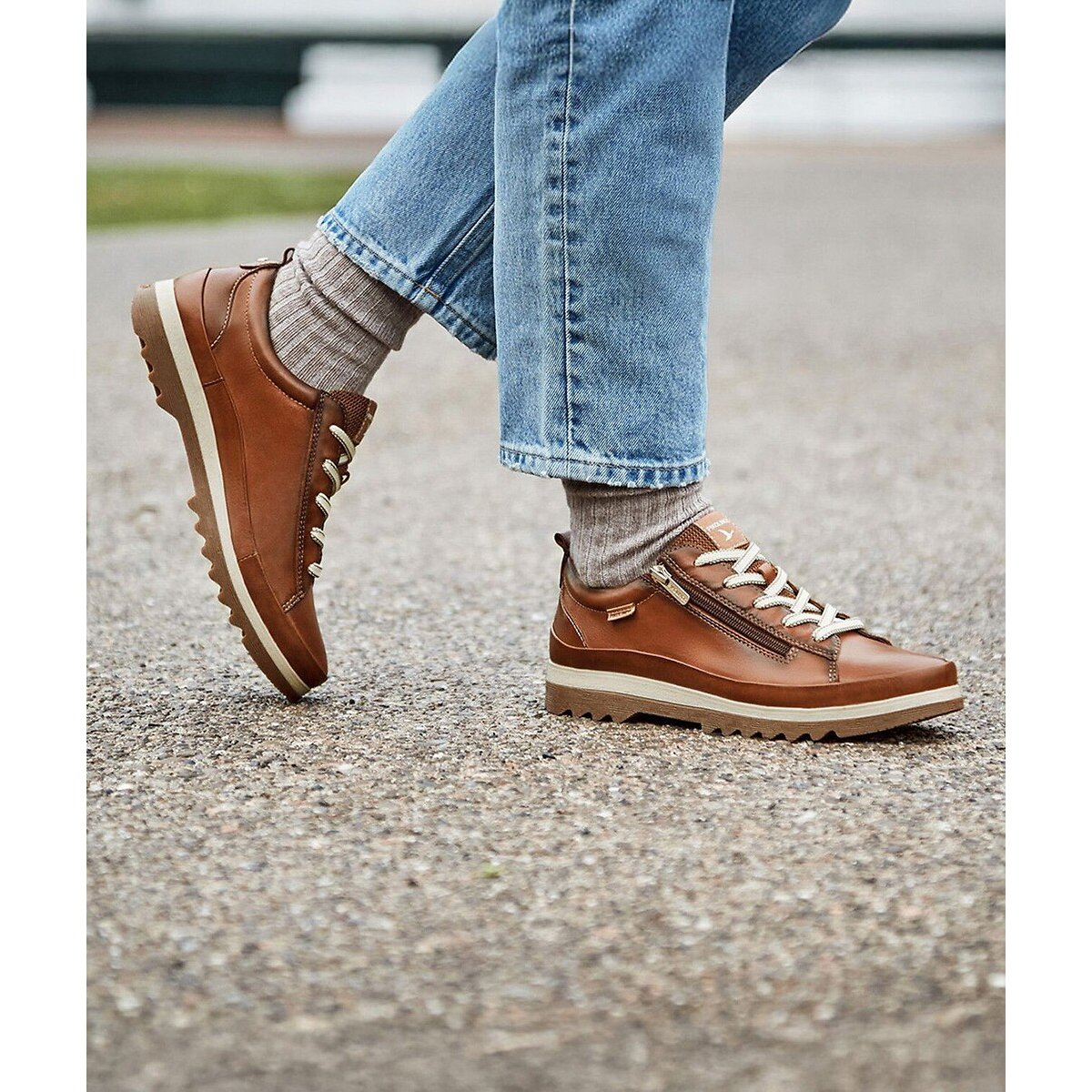 Leren sneakers met rits, VIGO cognac   , PIKOLINOS