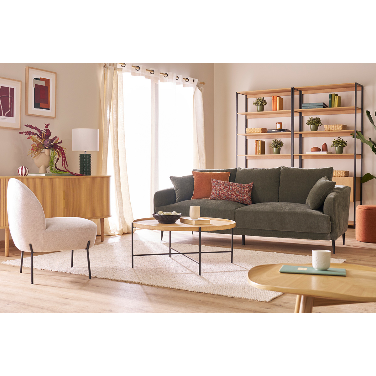 Buffet vintage bois clair chêne avec rangements 2 portes coulissantes L180 cm EPIC chêne clair, MILIBOO