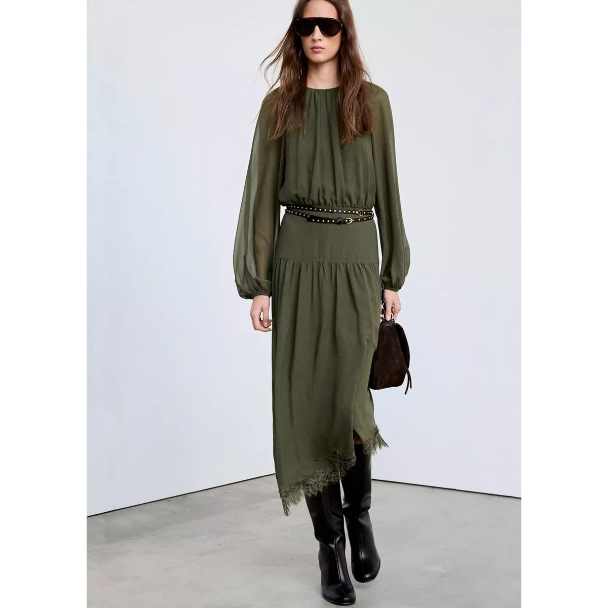 Robe à double ceinture en dentelle moutarde, MANGO