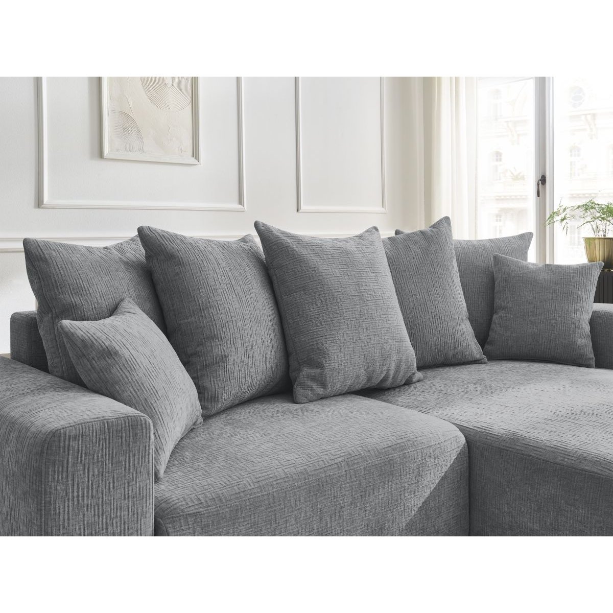 Canapé d'angle convertible 4 places en tissu texturé, ATILLA gris foncé, BOBOCHIC