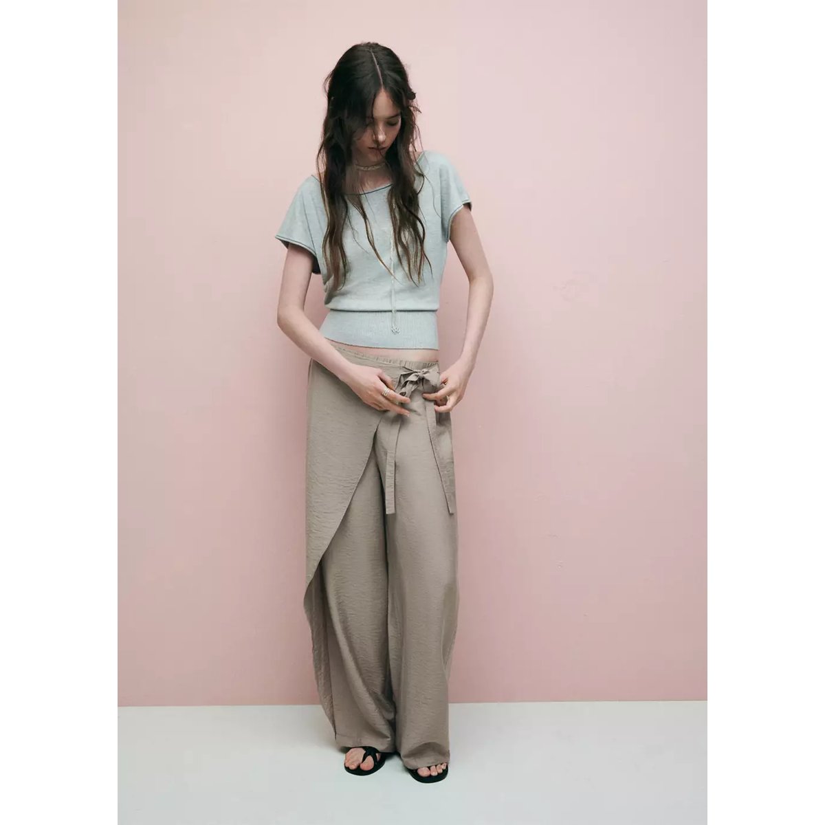 Pantalon wide leg paréo marron moyen, MANGO TEEN