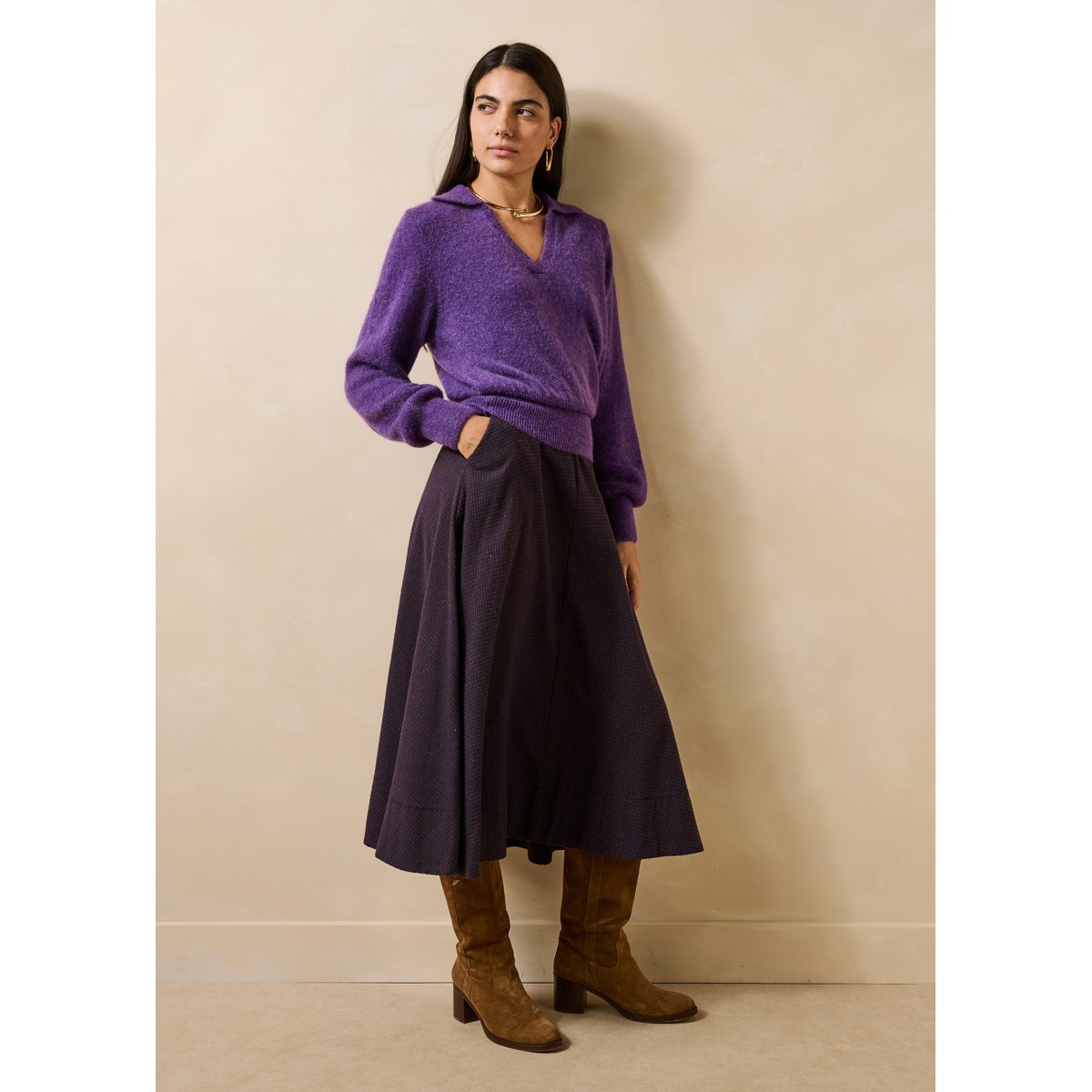 Pull manches longues col polo cassis, LA FEE MARABOUTEE
