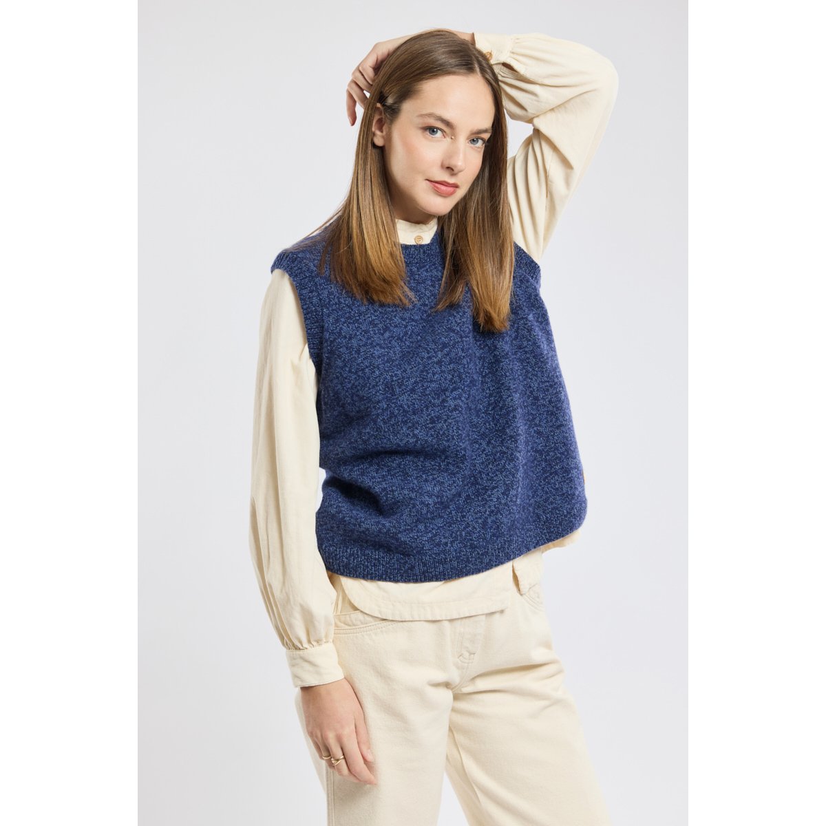 Pull sans manche en laine twilight blue mélangé, ARMOR-LUX