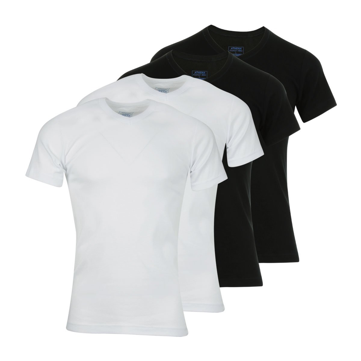 Tee-shirts col V, lot de 4, coton bio blanc-noir, ATHENA