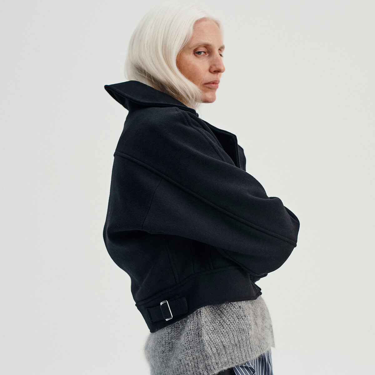 Biker Style Short Jacket in Wool Blend black, La Redoute Collections x Louis Gabriel Noushi