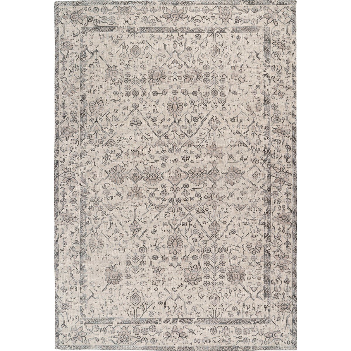 Tapis à motif fleuri tissé plat style vintage crème patiné beige et gris bleuté, ARTE ESPINA