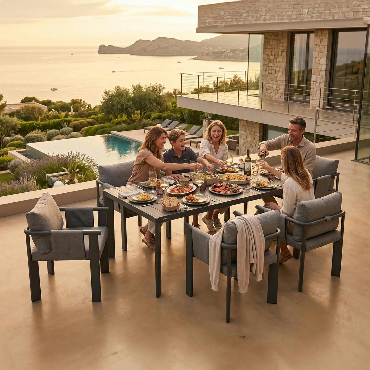 Table de jardin en aluminium + 6 fauteuils anthracite LIGO anthracite, PIER IMPORT