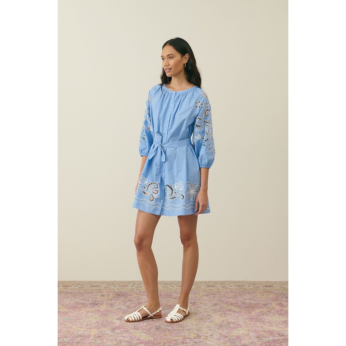 Rinala Embroidered Mini Dress with Crew Neck and 3/4 Length Sleeves blue striped, LOUISE MISHA
