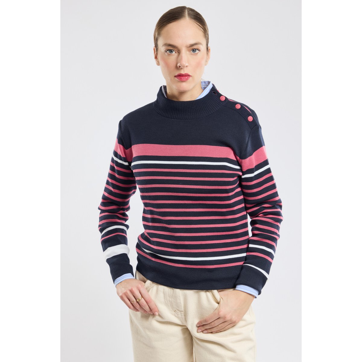 Pull marin en laine rich navy/framboise/nature, ARMOR-LUX