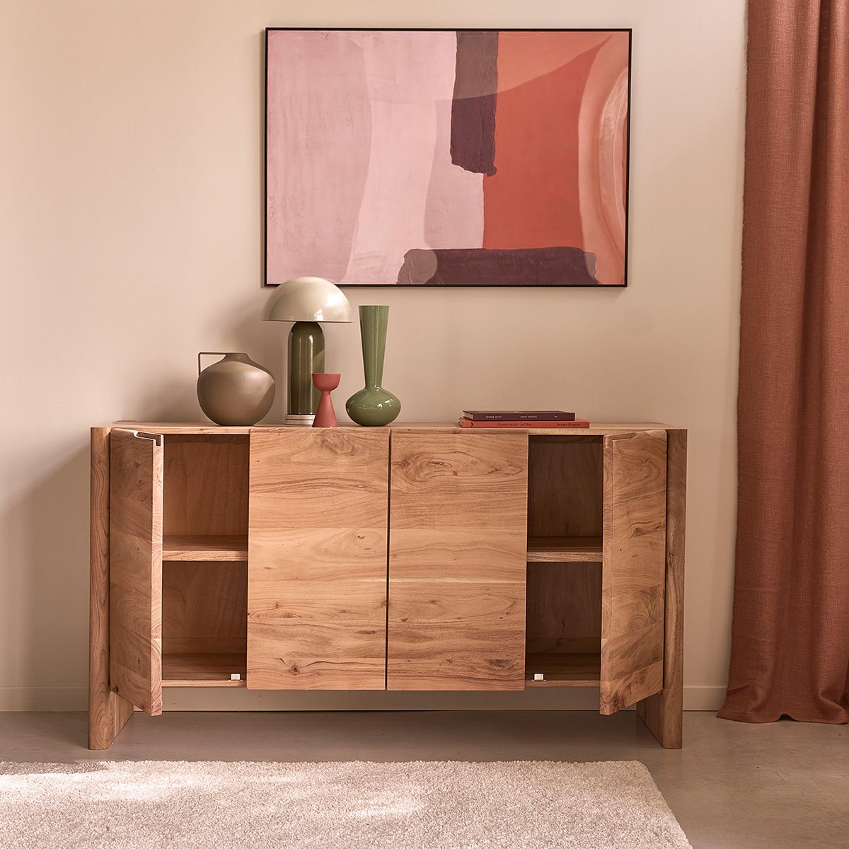 Buffet 4 portes en acacia massif 150 cm CALI couleur unique, BERAH GETAH