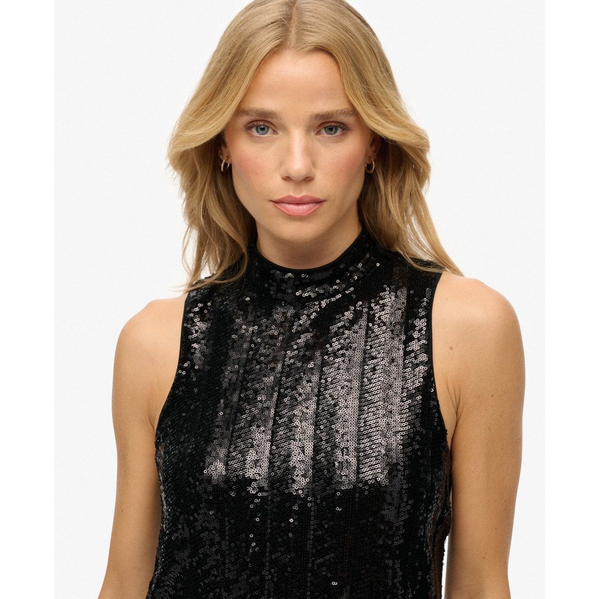 Robe Patineuse Courte à Sequins Sans Manches sequins noirs, SUPERDRY