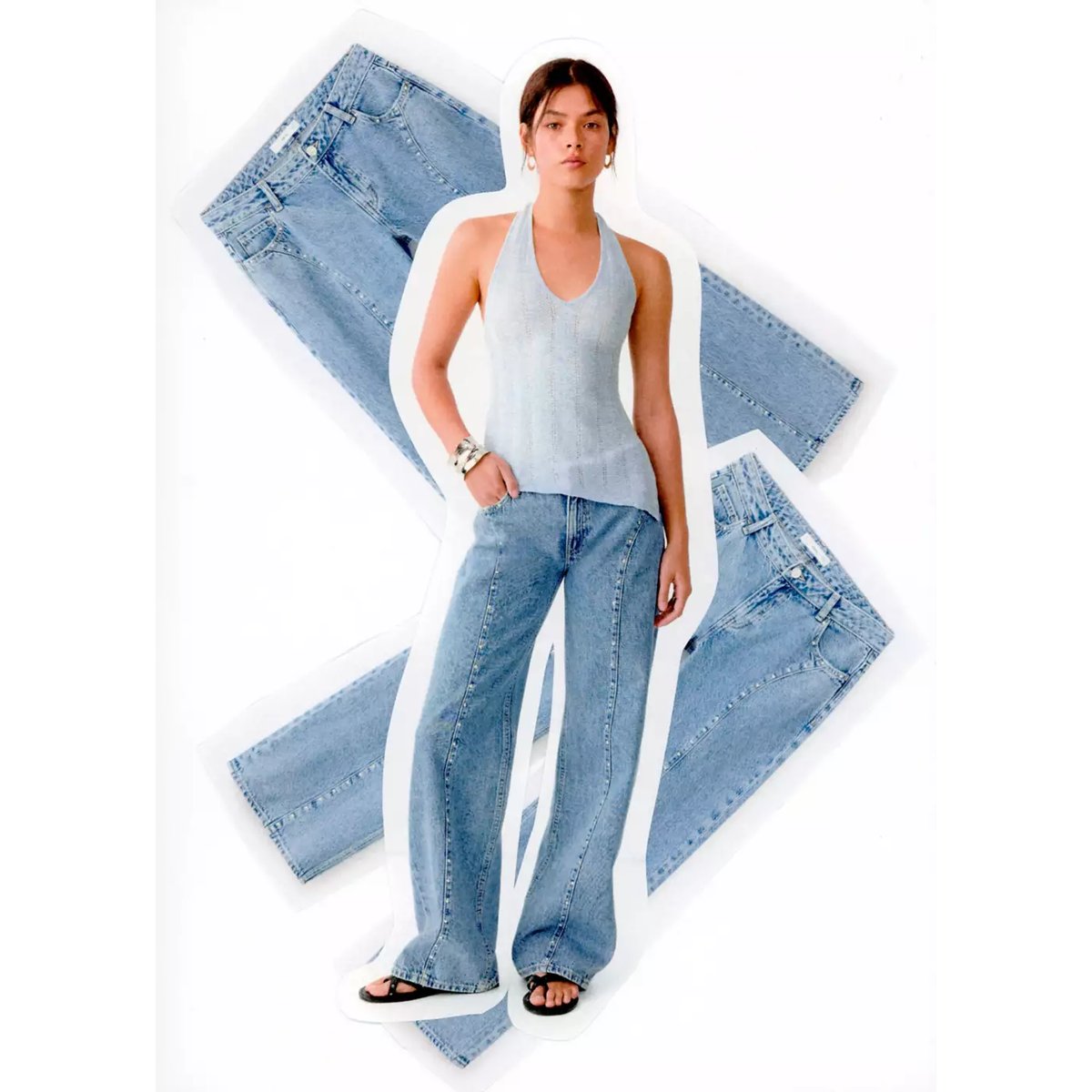 Jean taille basse à clous bleu moyen, MANGO TEEN