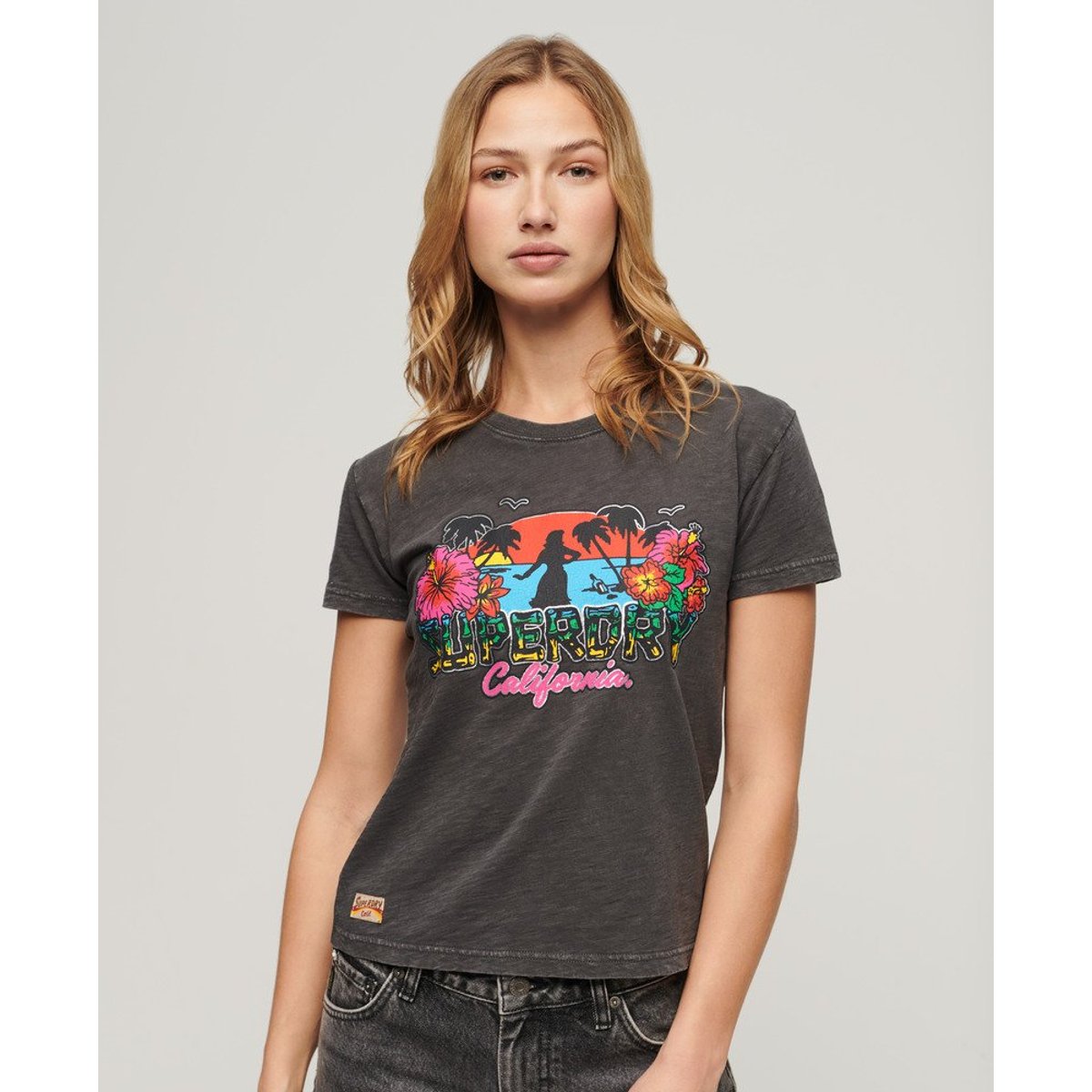 T-shirt ajusté Cali Sticker noir vintage, SUPERDRY