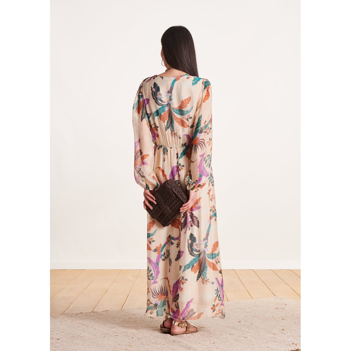 Robe longue en voile viscose/soie à imprimé blush, LA FEE MARABOUTEE