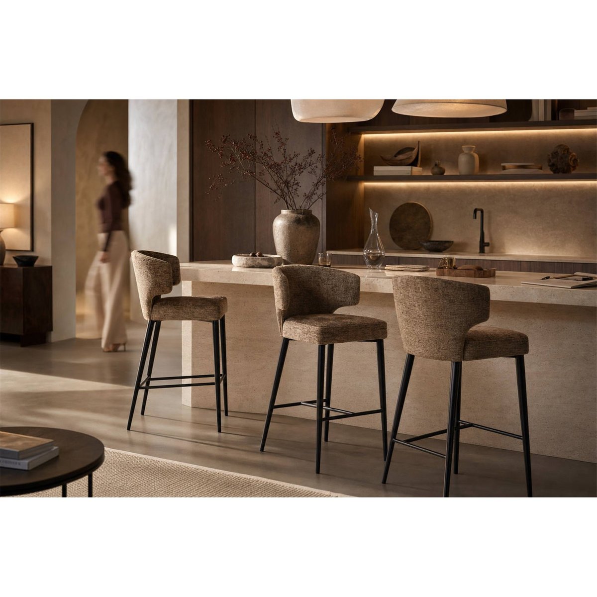 Tabouret de comptoir en tissu texturé brandy et noir, RECOLLECTION