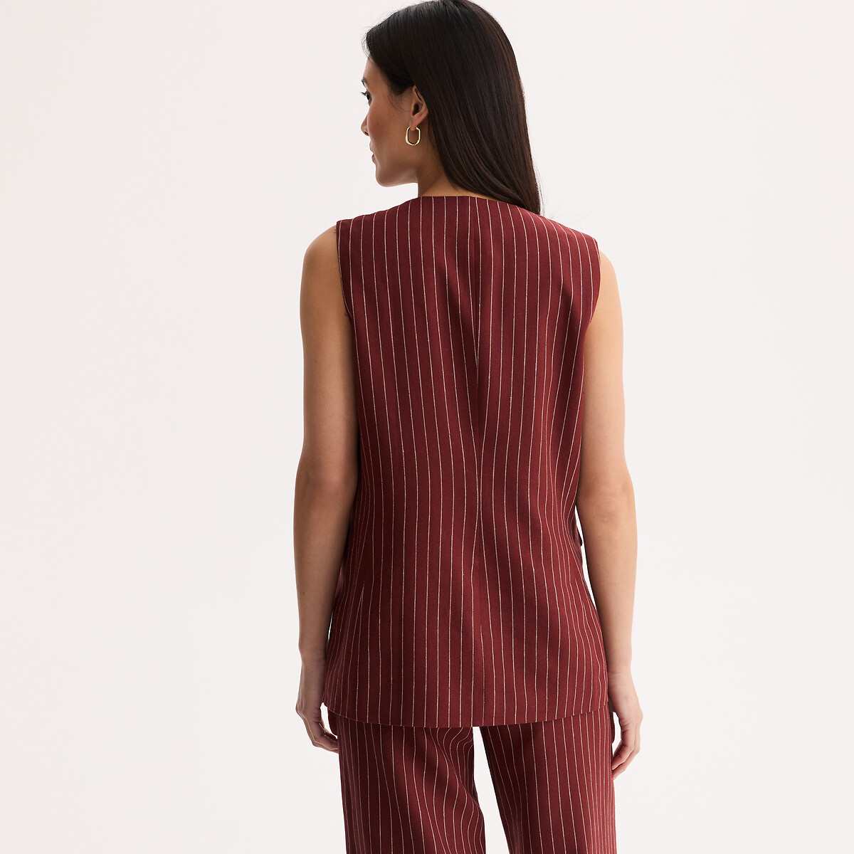 Giacca senza maniche a righe in lino e viscosa a righe beige, ANNE WEYBURN