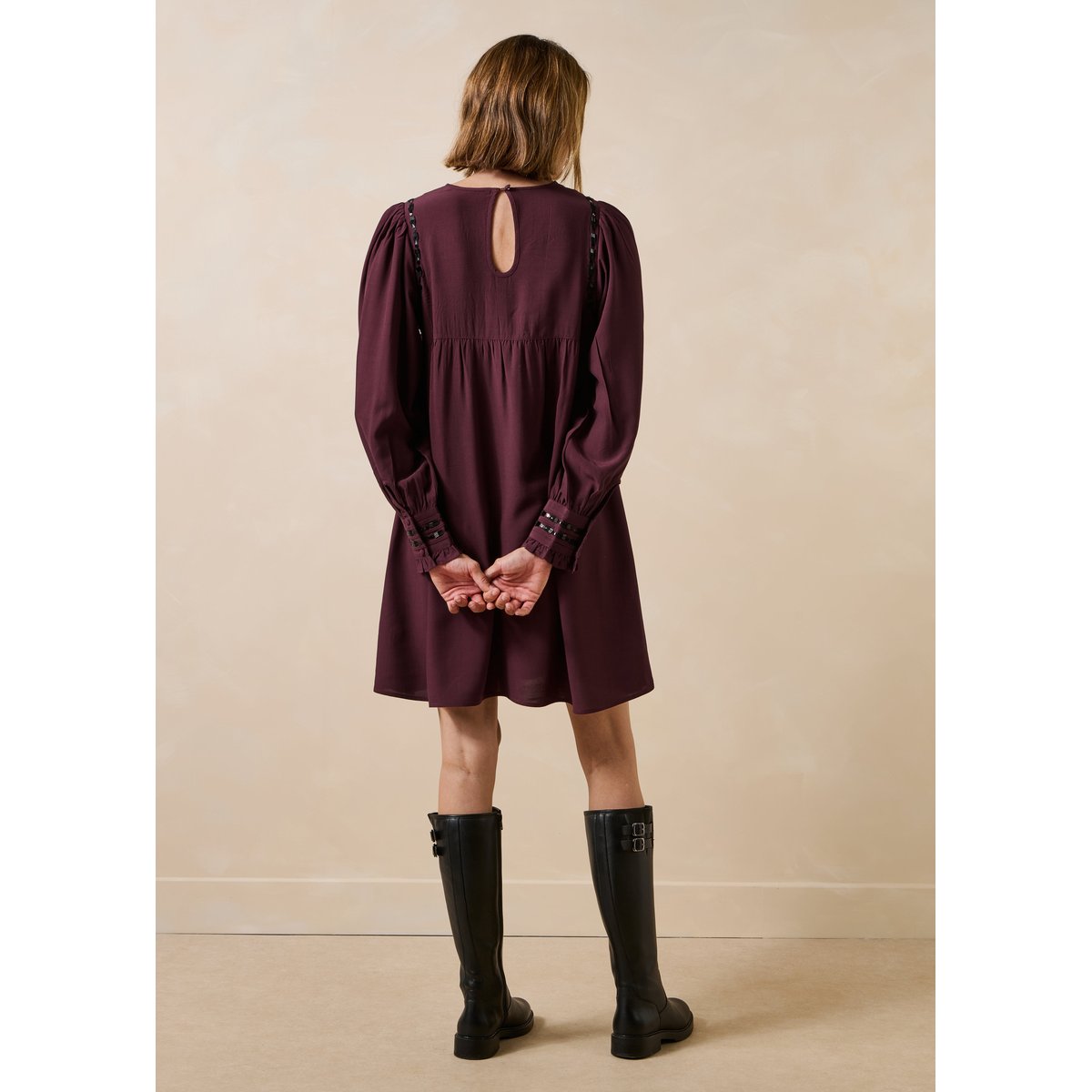 Robe courte manches longues col rond bordeaux / noir, LA FEE MARABOUTEE