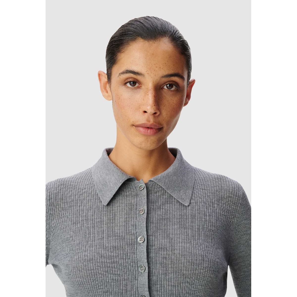 Pull tricot côtelé col polo boutonné gris, IKKS