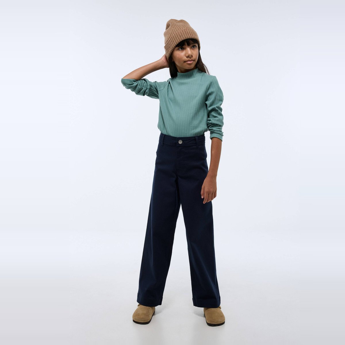 Pantalon large en coton marine, MONOPRIX