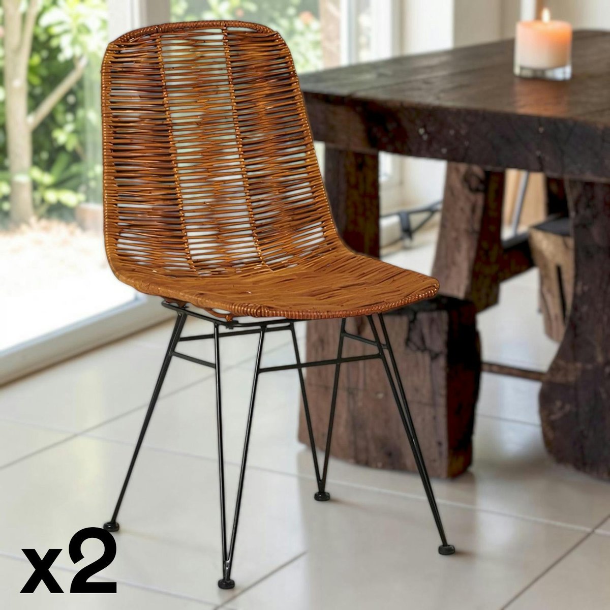 Chaise en rotin naturel pieds métal noir (lot de 2) CANADA bois naturel, PIER IMPORT