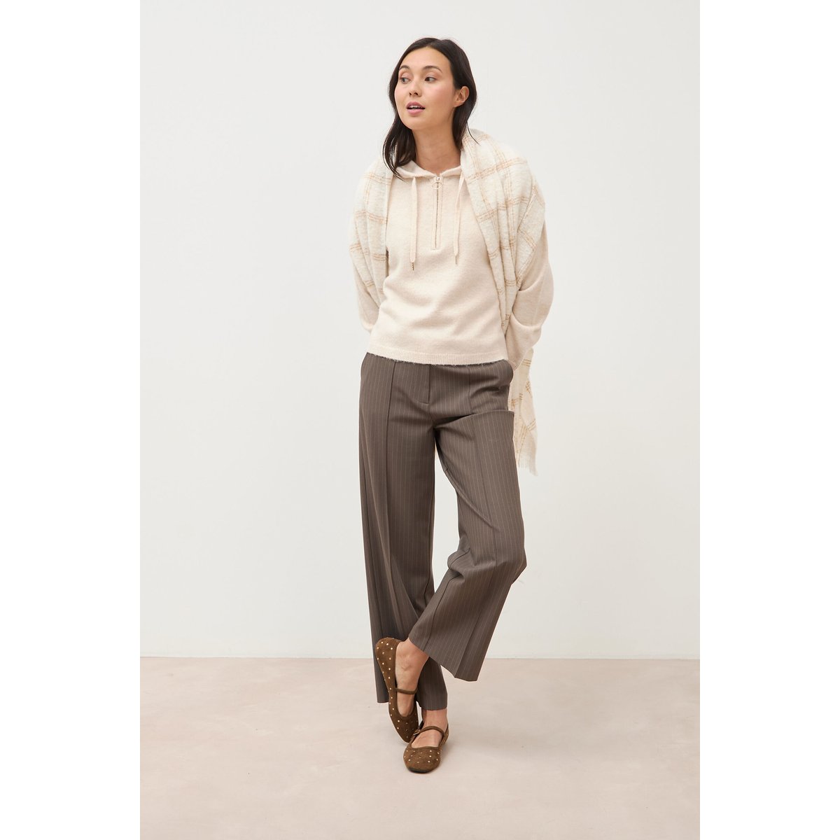 Pull à capuche zippé beige, BONOBO
