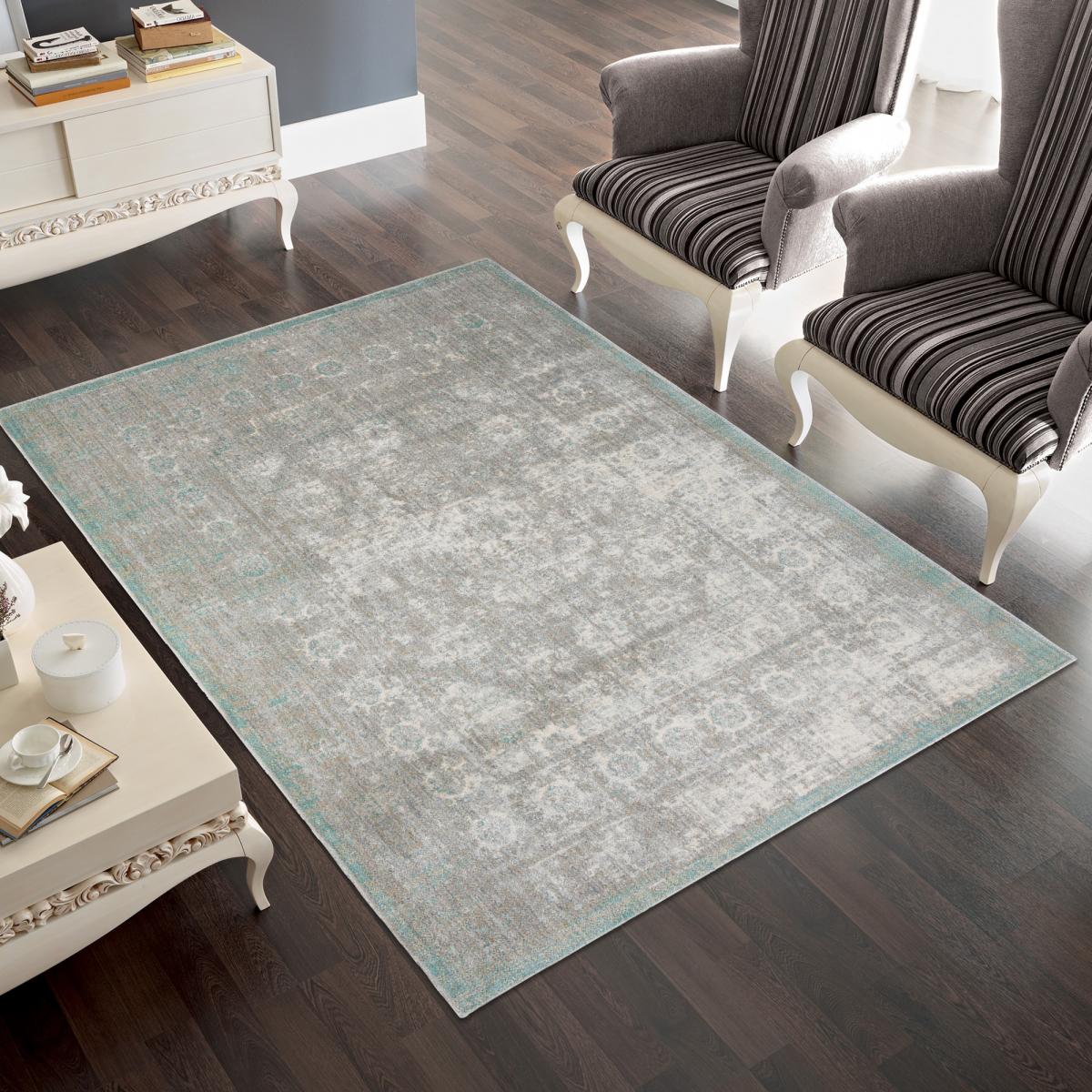 Tapis salon et chambre tissé motif abstrait BELANO gris, bleu, beige, UN AMOUR DE TAPIS