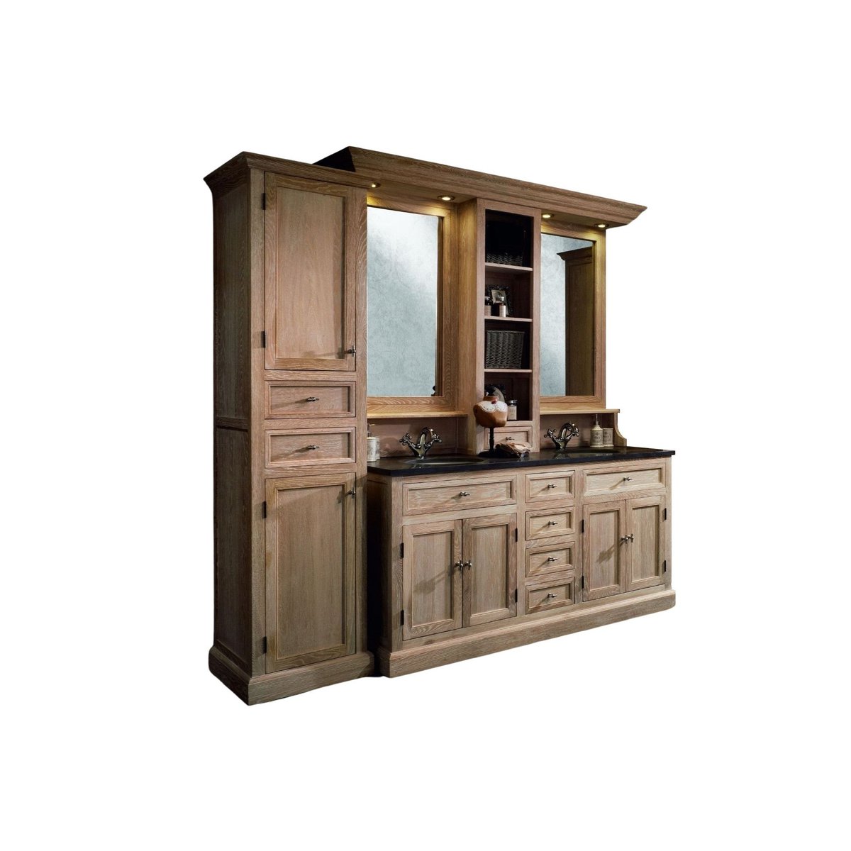 Meuble de salle de bain double vasque + 1 colonne G (ensemble) - VERONE bois clair, HELLIN, DEPUIS 1862