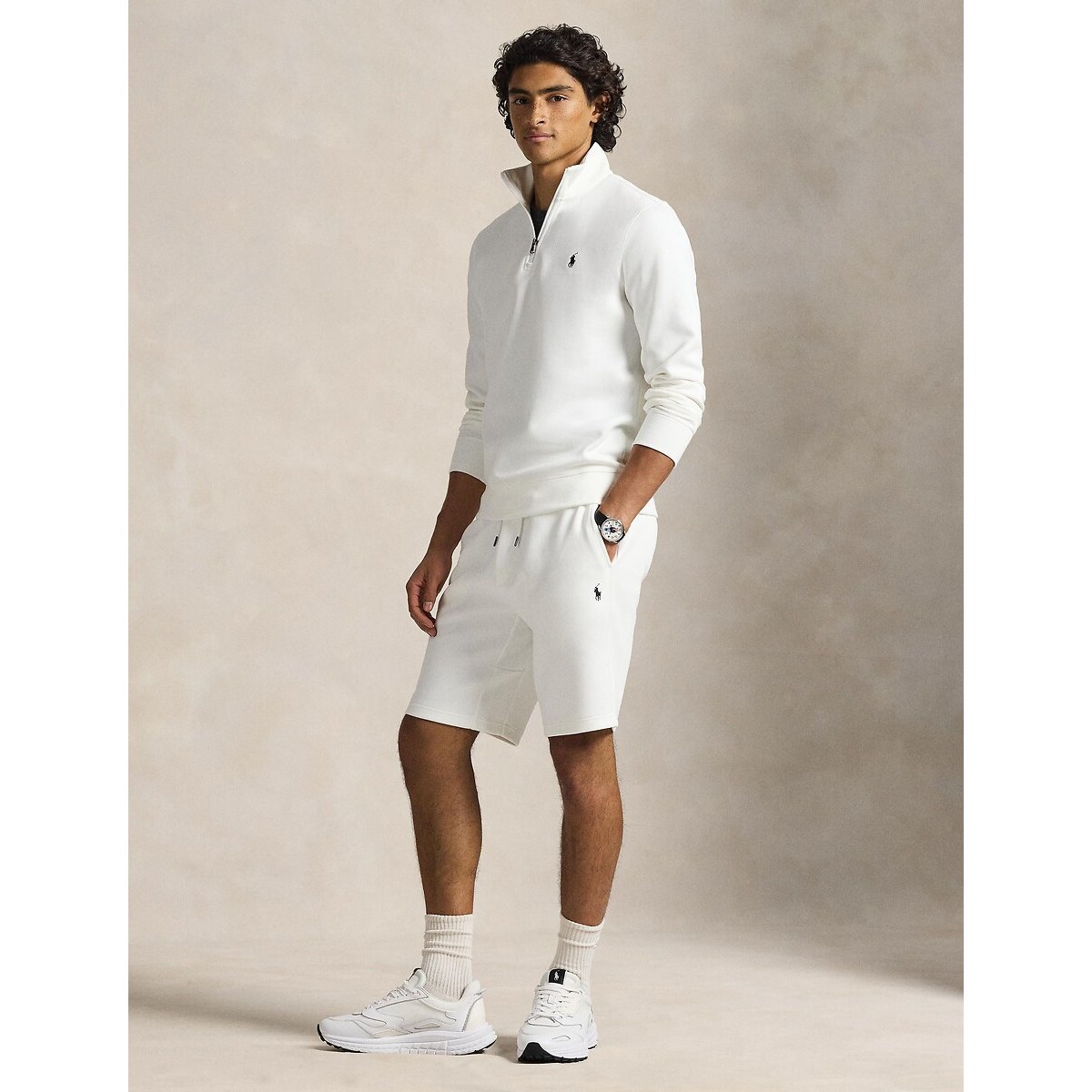 Pull quart zippé en maille double blanc, POLO RALPH LAUREN