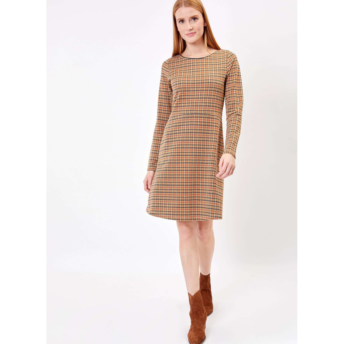Robe maille jacquard CARLA beige tartan, PRINCESSE NOMADE