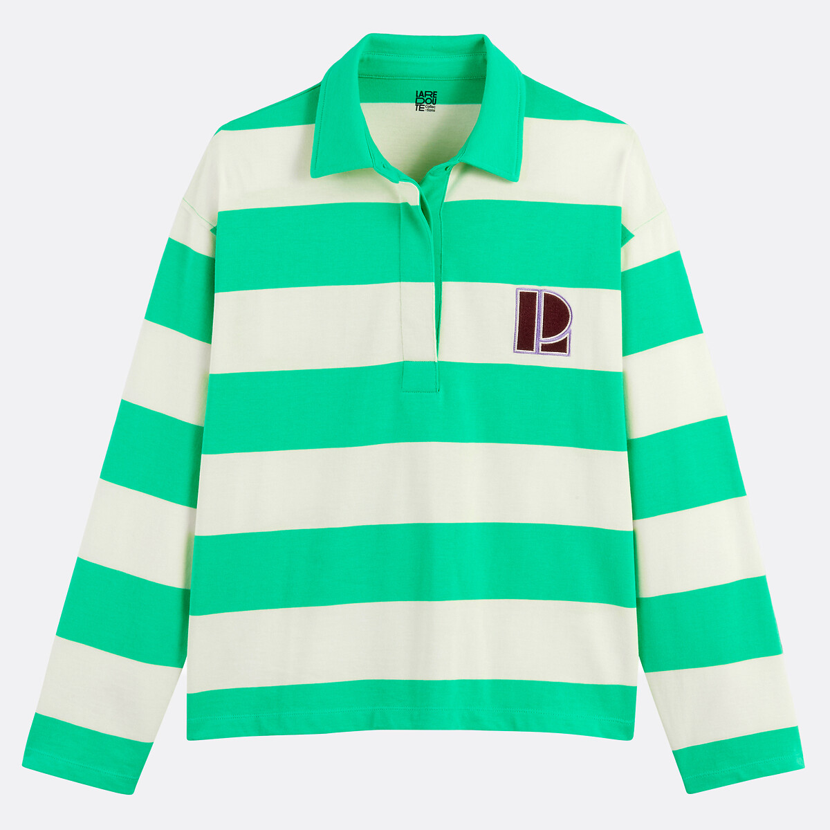 Striped Polo Shirt with Long Sleeves ecru /green striped, LA REDOUTE COLLECTIONS