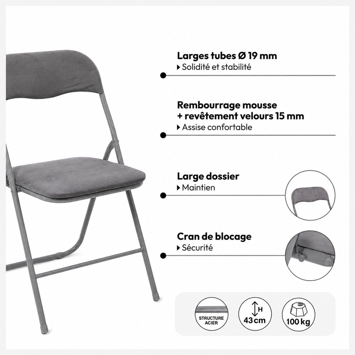 Lot de 6 chaises pliantes en velours gris clair, TOILINUX