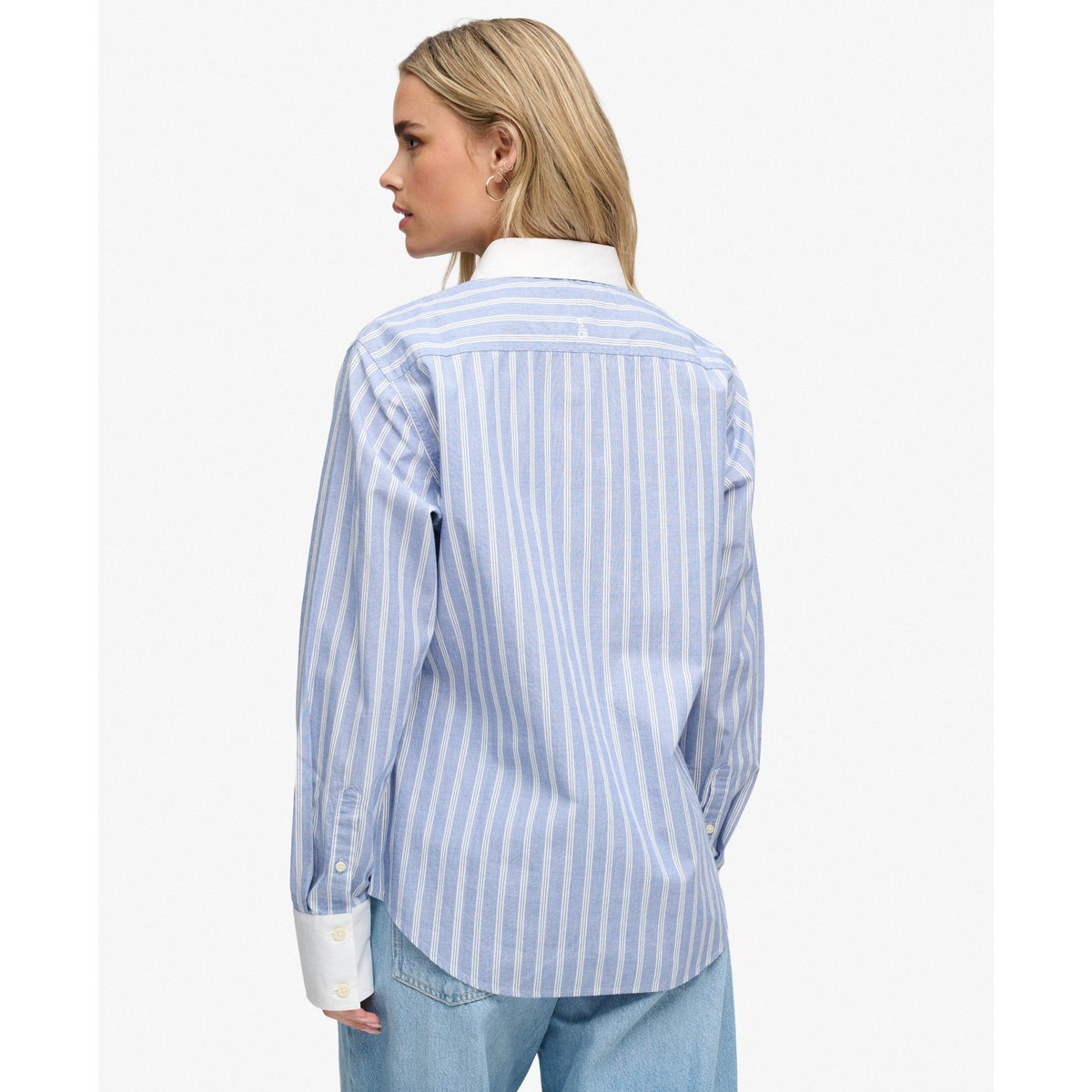 Chemise à manches longues Poplin Cuff Stripe rayure bleu chelsea, SUPERDRY