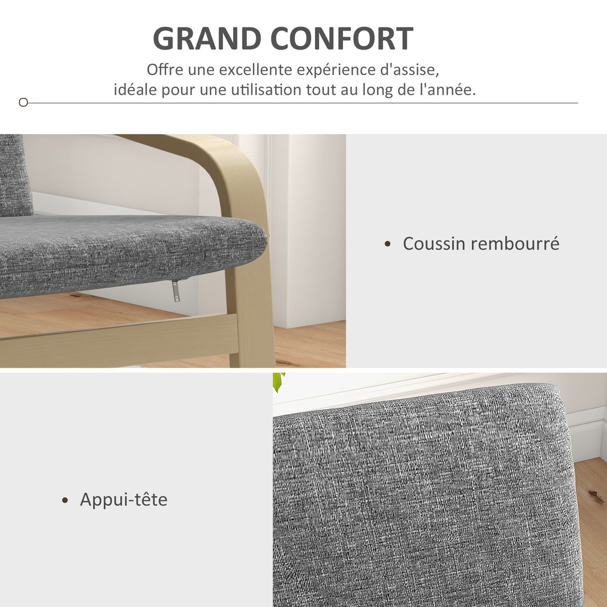 Accent Chair Polyester Gris gris foncé, cadre bois naturel, HOMCOM
