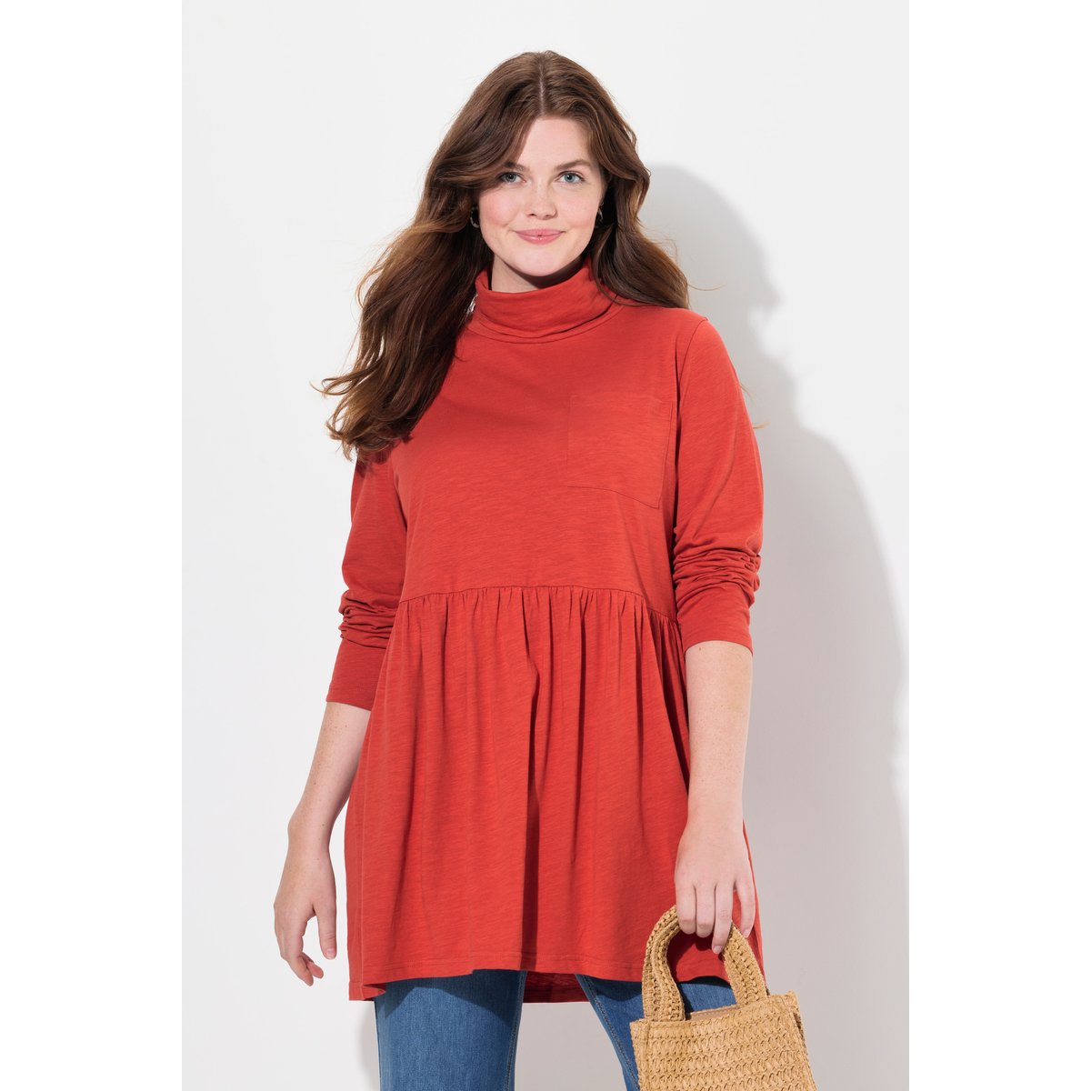 T-shirt long en coton bio rouge brique, ULLA POPKEN