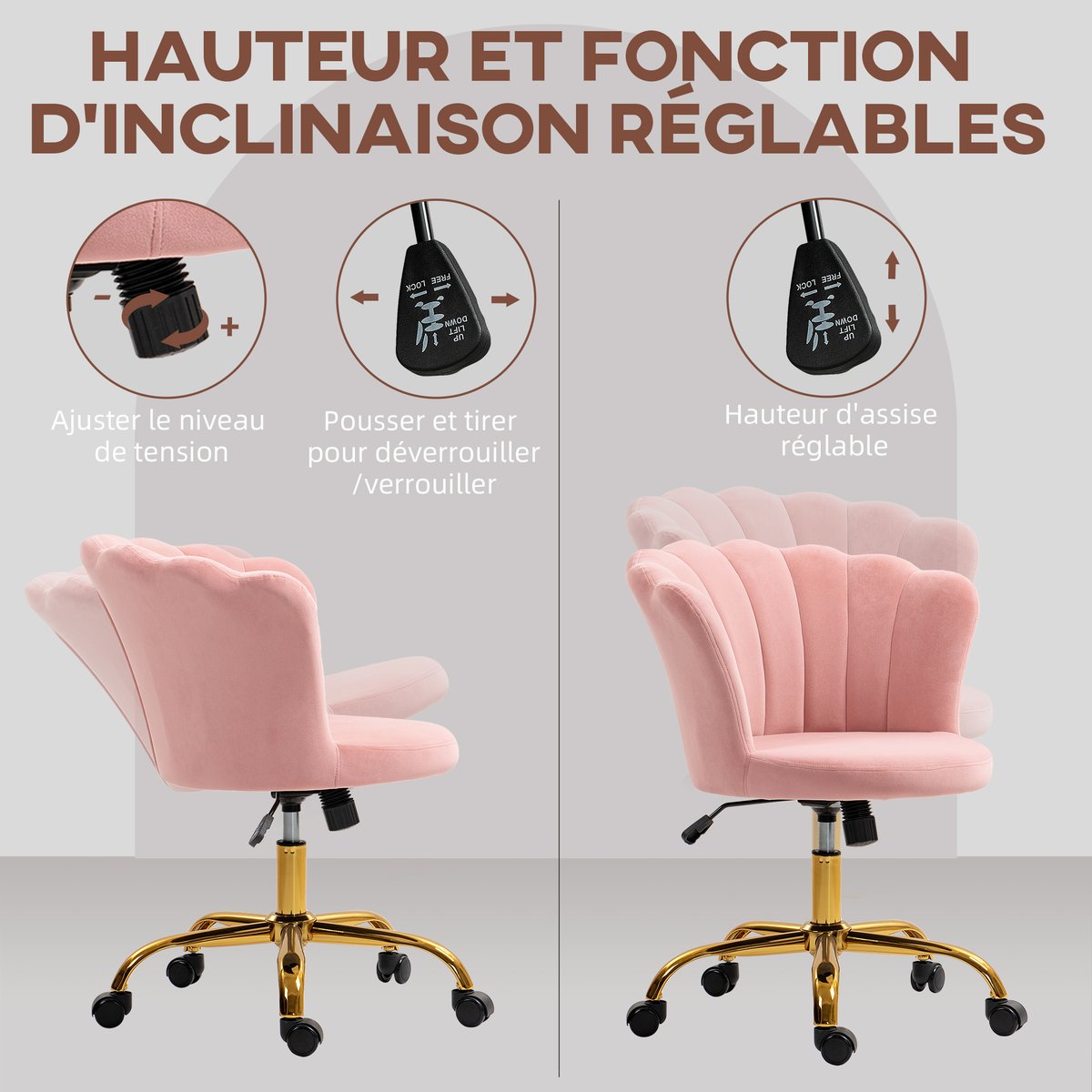 Chaise de bureau Velours (100% polyester) rose, HOMCOM