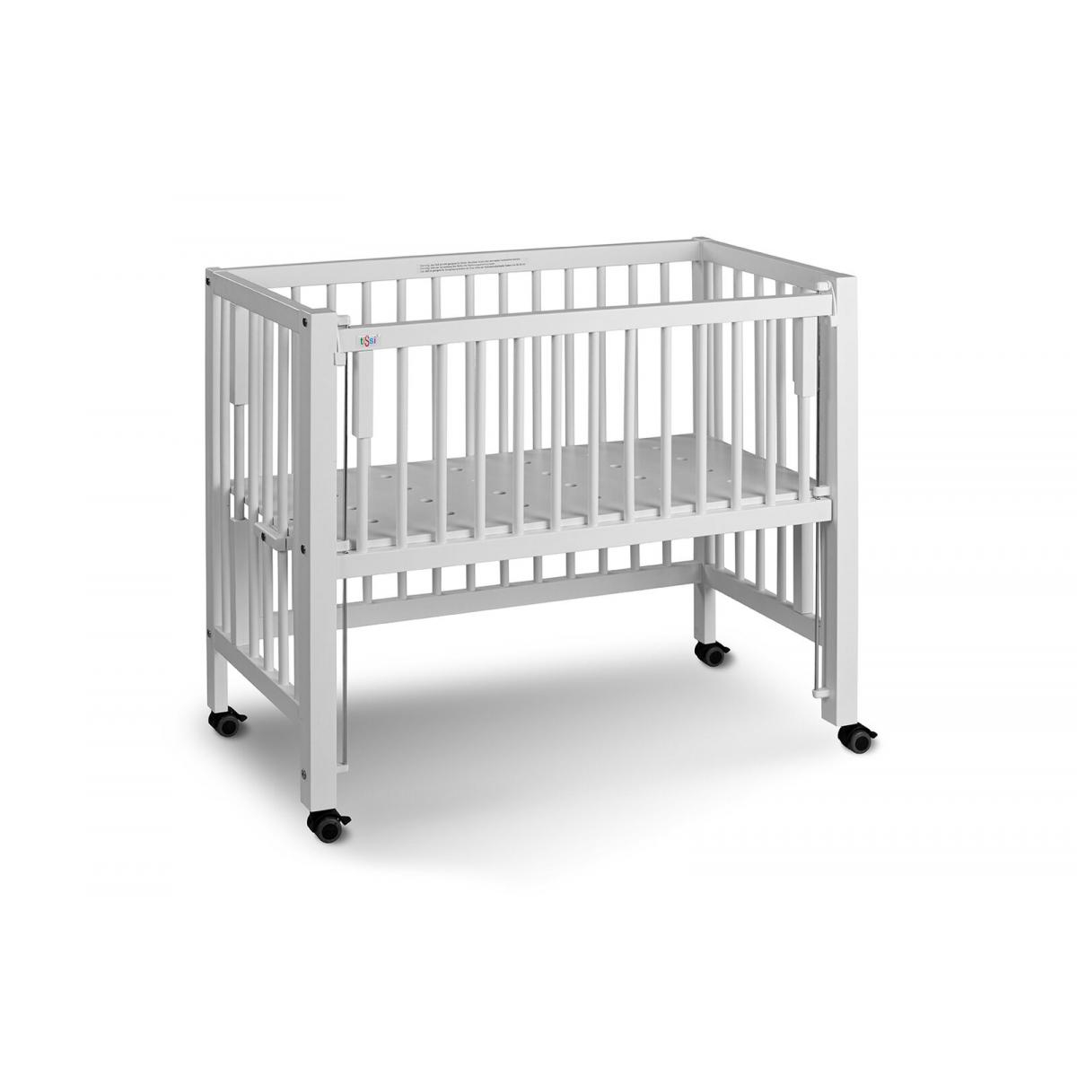 Lit bébé à barreaux cododo Maxi Boxspring en hêtre massif blanc 50x90 cm couleur unique, TISSI