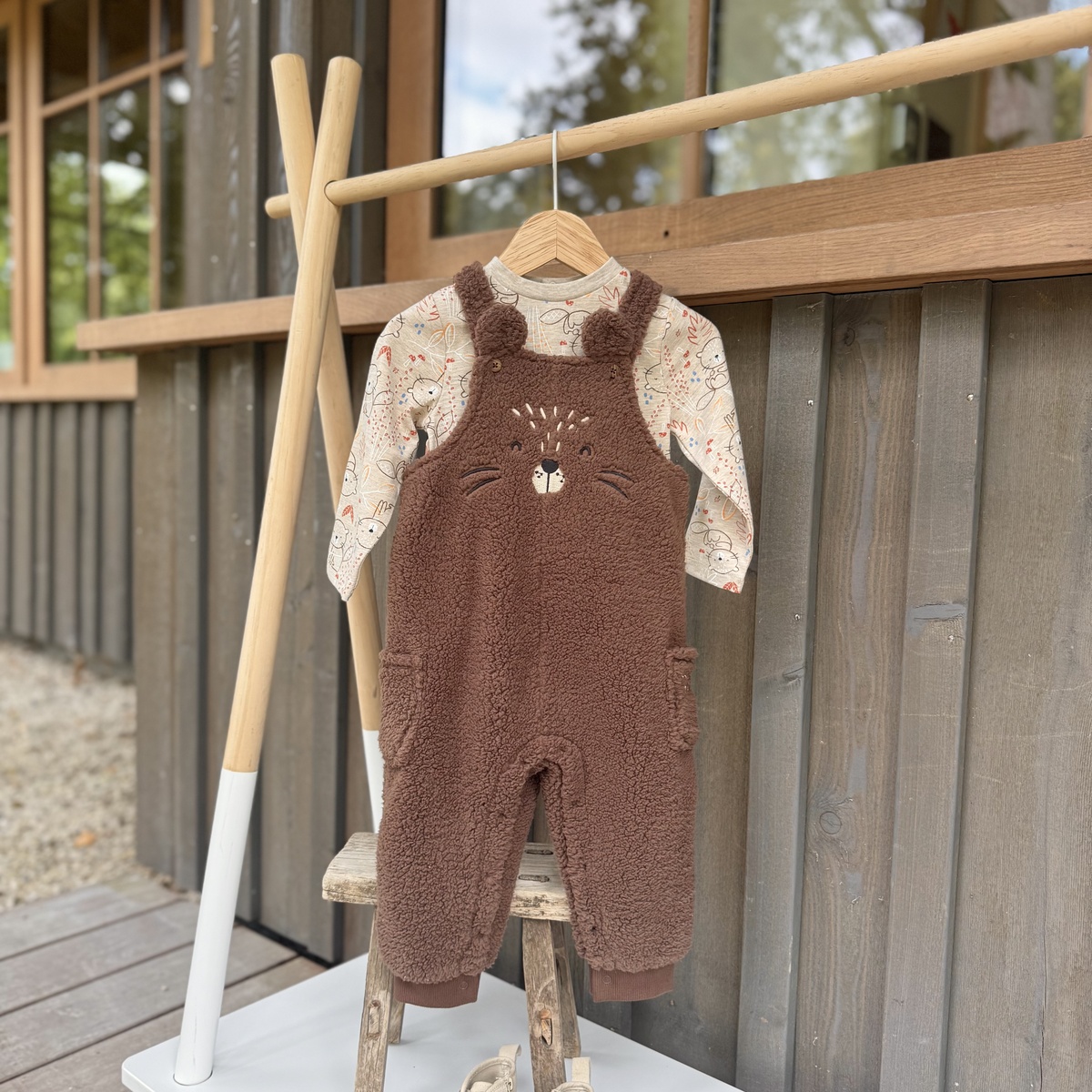 Ensemble salopette bébé en sherpa et t-shirt Cracotte marron, PETIT BEGUIN
